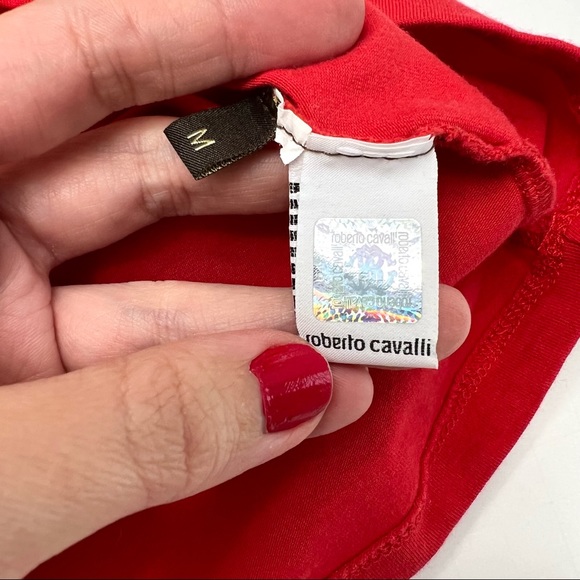 Roberto Cavalli Red Glitter Gold Logo Tee Size M - Picture 7 of 14